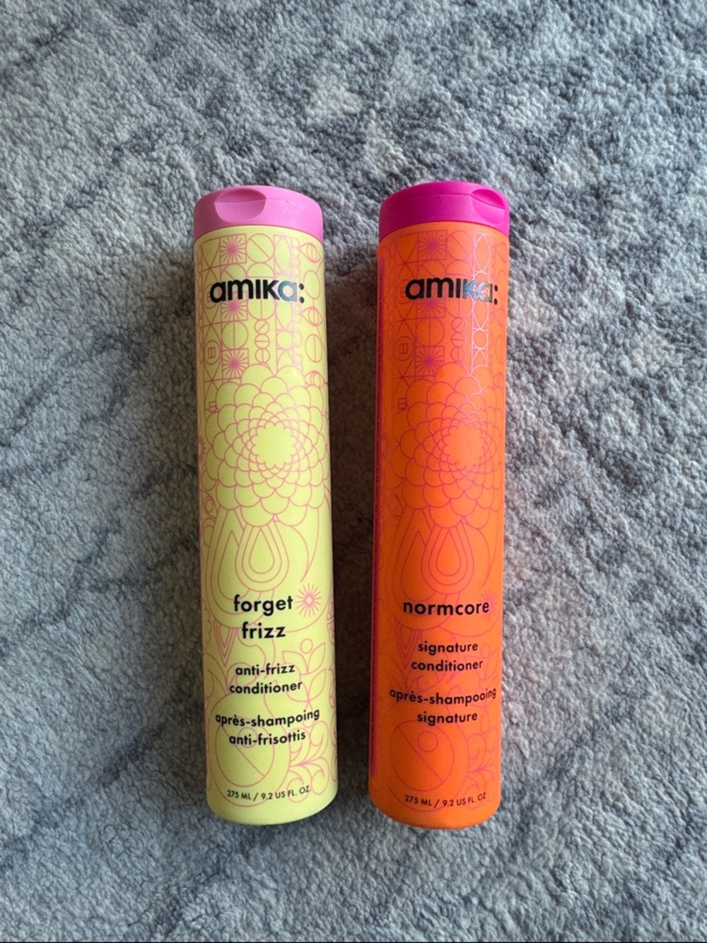 amika Duo: Yellow Forget Frizz & Orange Normcore Conditioners with Pink Caps
